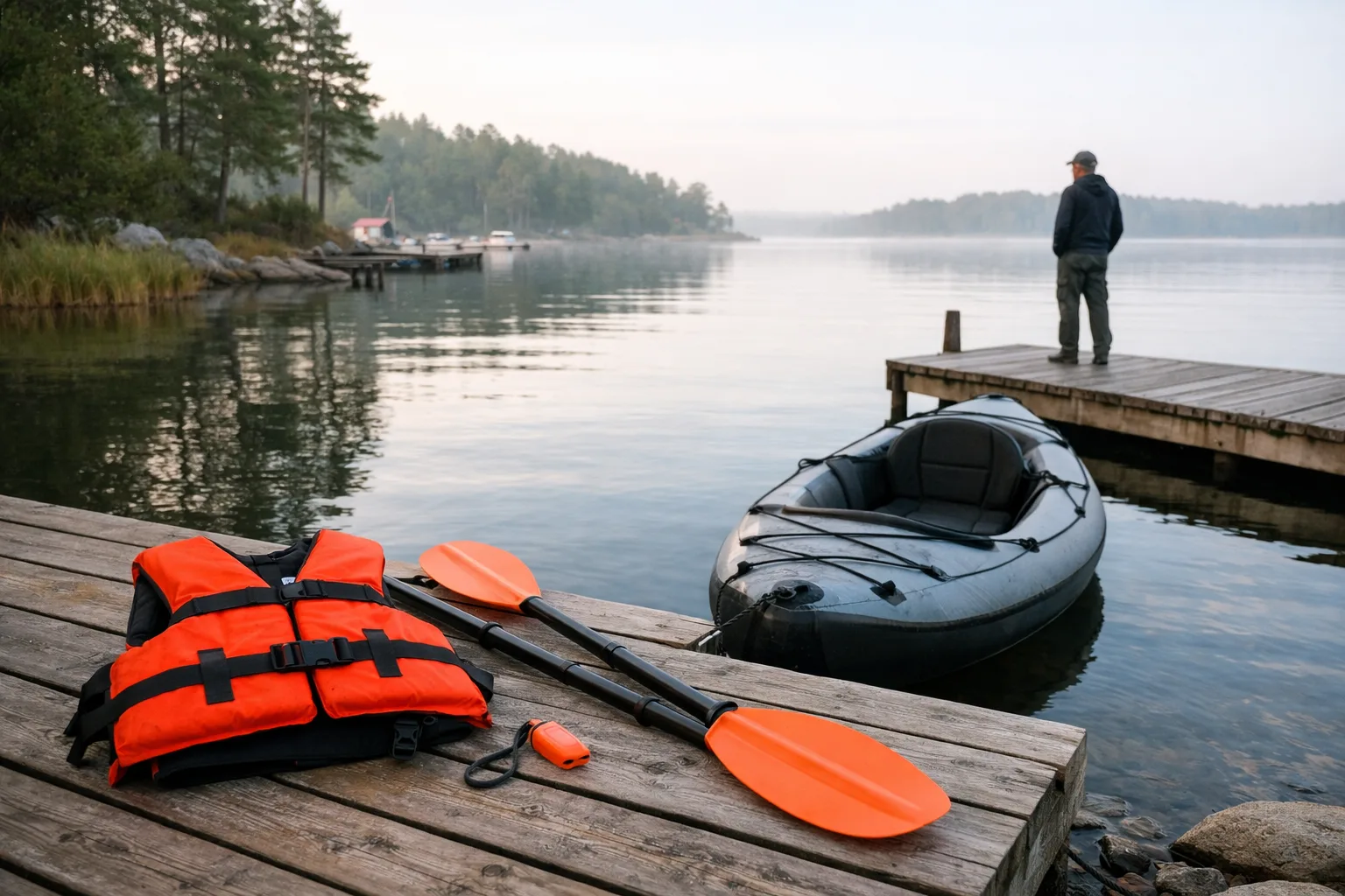 Flytväst och paddel vid kajak på brygga.