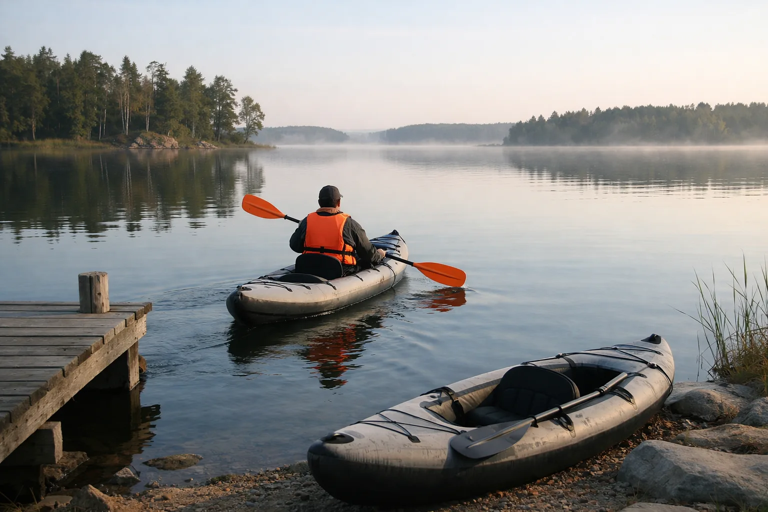 Person med flytväst paddlar kajak på stilla vatten.