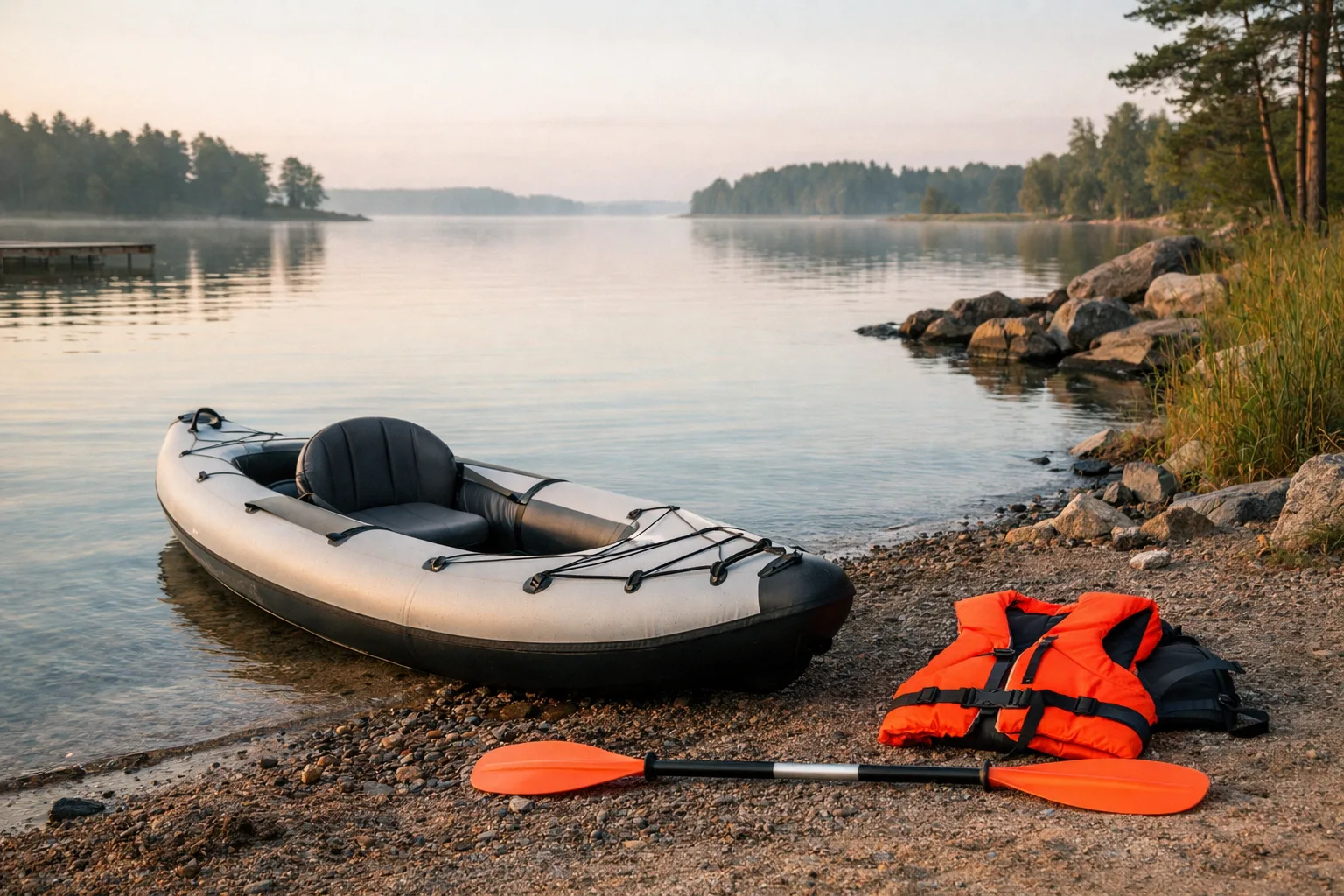 Uppblåsbar kajak på en stilla sjöstrand.
