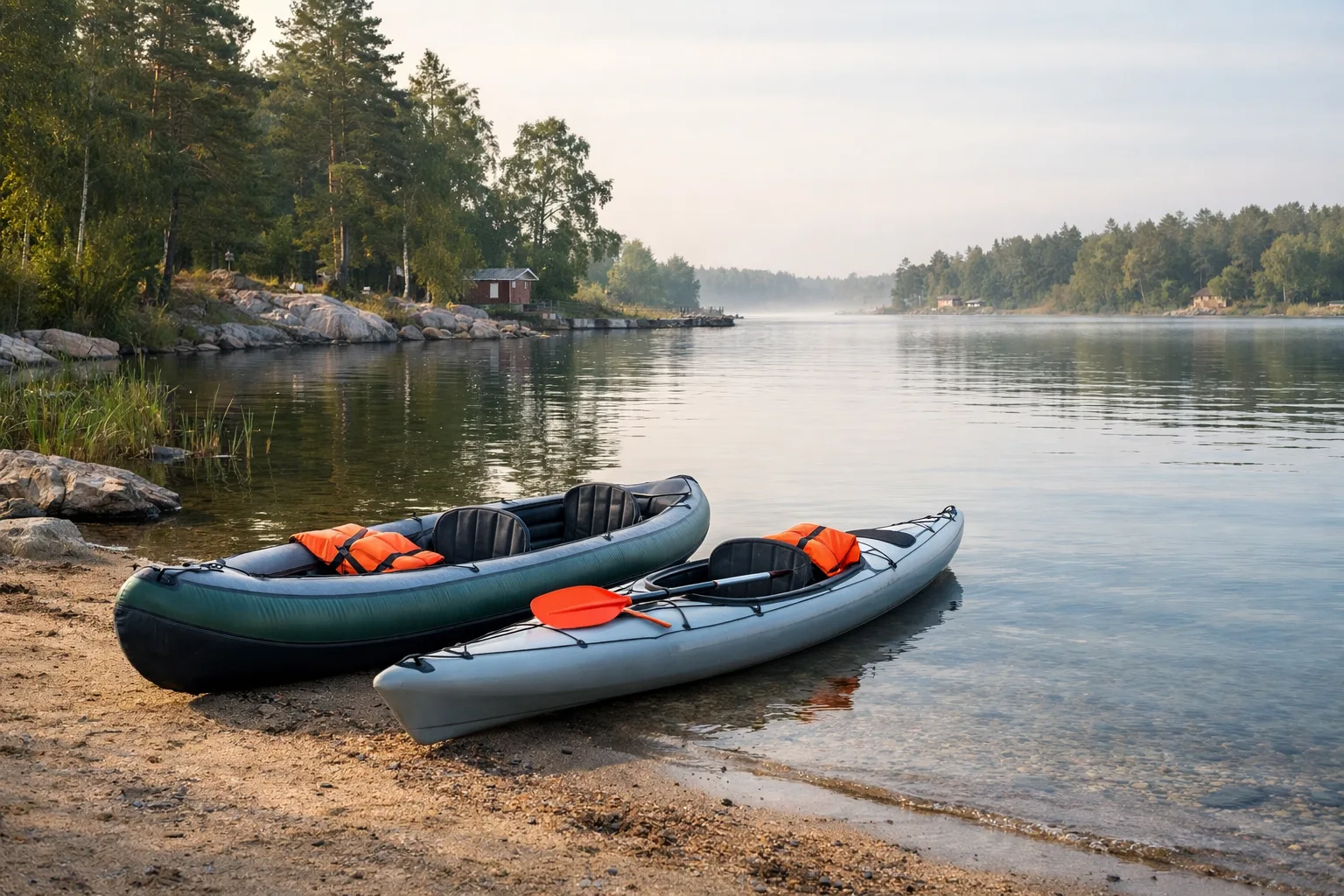 Kanot och kajak vid en lugn strand.